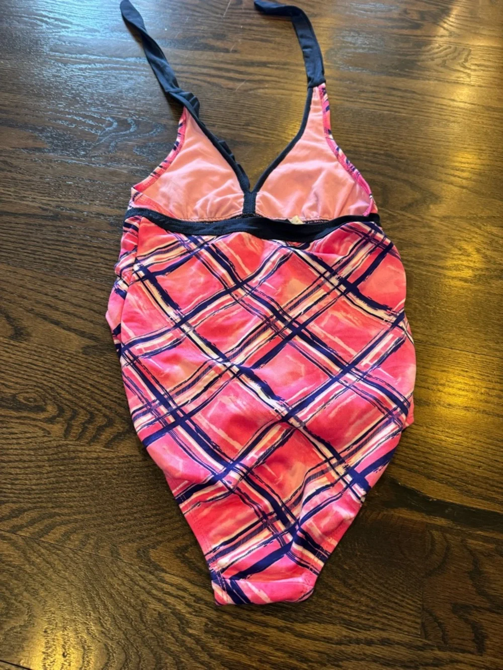 Polo by Ralph Lauren Pink Plaid Girls One-Piece Swimsuit with Navy Trim